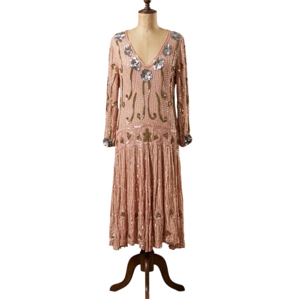 FLAPPER 1920’S GELATIN SEQUIN + BEAD BLUSH PINK SILK DRESS MADE IN INDIA LARGE